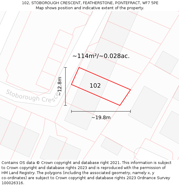 102, STOBOROUGH CRESCENT, FEATHERSTONE, PONTEFRACT, WF7 5PE: Plot and title map