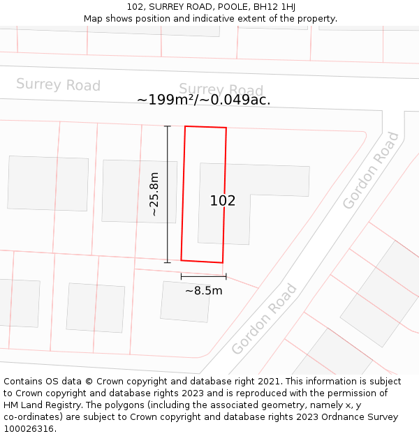 102, SURREY ROAD, POOLE, BH12 1HJ: Plot and title map