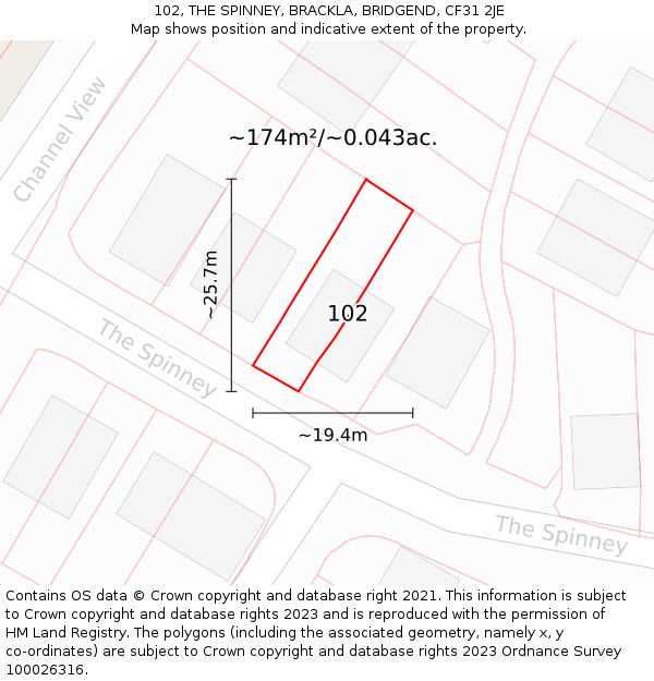 102, THE SPINNEY, BRACKLA, BRIDGEND, CF31 2JE: Plot and title map
