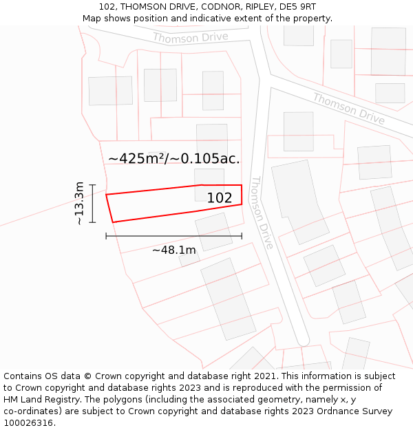 102, THOMSON DRIVE, CODNOR, RIPLEY, DE5 9RT: Plot and title map