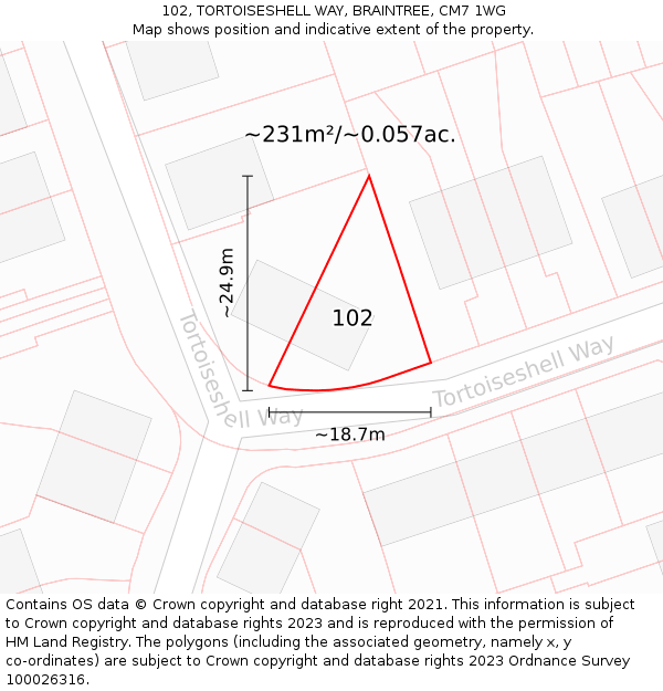 102, TORTOISESHELL WAY, BRAINTREE, CM7 1WG: Plot and title map