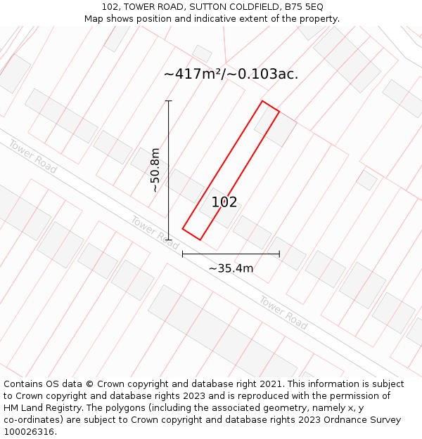 102, TOWER ROAD, SUTTON COLDFIELD, B75 5EQ: Plot and title map