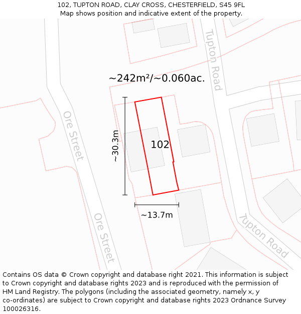102, TUPTON ROAD, CLAY CROSS, CHESTERFIELD, S45 9FL: Plot and title map