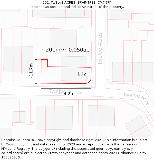 102, TWELVE ACRES, BRAINTREE, CM7 3RN: Plot and title map