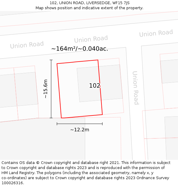 102, UNION ROAD, LIVERSEDGE, WF15 7JS: Plot and title map