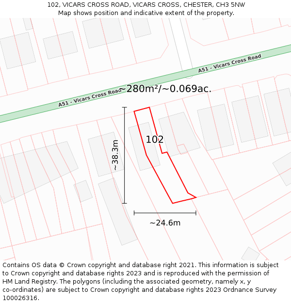 102, VICARS CROSS ROAD, VICARS CROSS, CHESTER, CH3 5NW: Plot and title map