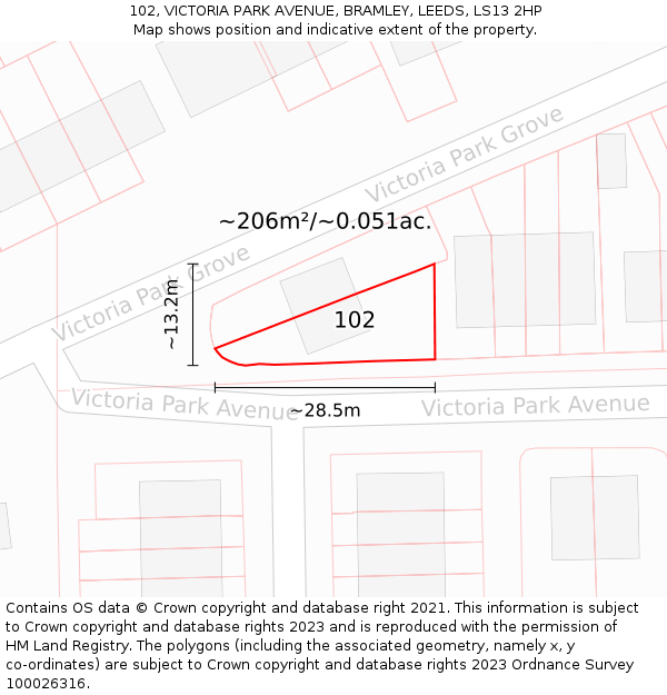 102, VICTORIA PARK AVENUE, BRAMLEY, LEEDS, LS13 2HP: Plot and title map