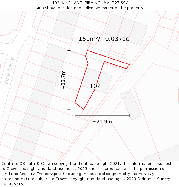 102, VINE LANE, BIRMINGHAM, B27 6SY: Plot and title map