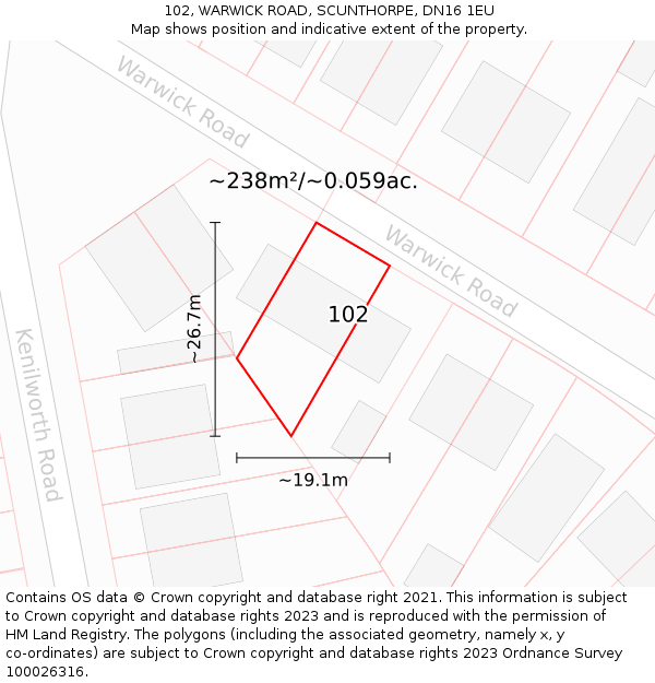 102, WARWICK ROAD, SCUNTHORPE, DN16 1EU: Plot and title map