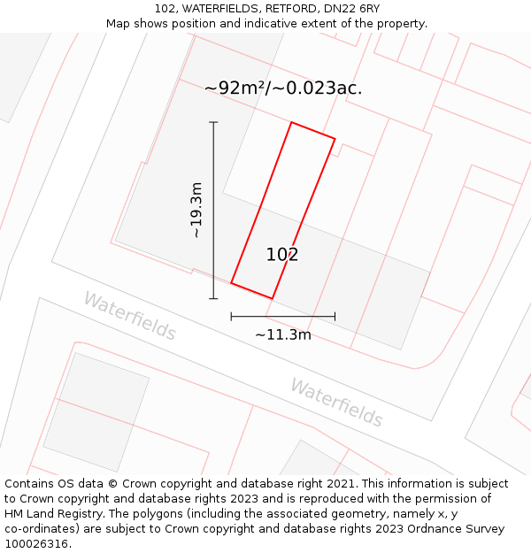 102, WATERFIELDS, RETFORD, DN22 6RY: Plot and title map