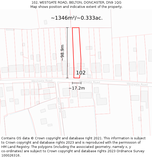 102, WESTGATE ROAD, BELTON, DONCASTER, DN9 1QG: Plot and title map