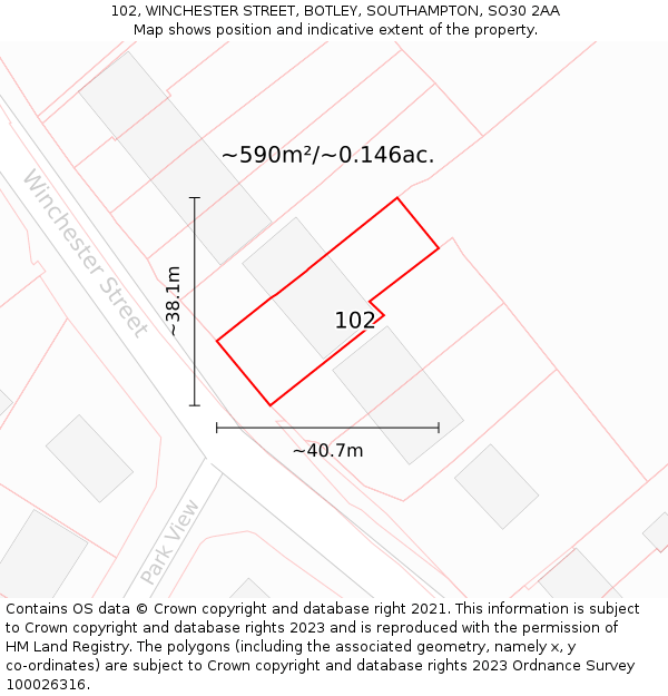 102, WINCHESTER STREET, BOTLEY, SOUTHAMPTON, SO30 2AA: Plot and title map