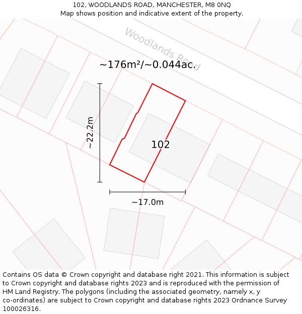 102, WOODLANDS ROAD, MANCHESTER, M8 0NQ: Plot and title map