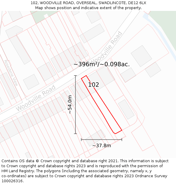 102, WOODVILLE ROAD, OVERSEAL, SWADLINCOTE, DE12 6LX: Plot and title map