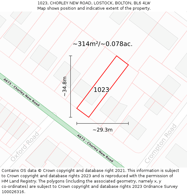 1023, CHORLEY NEW ROAD, LOSTOCK, BOLTON, BL6 4LW: Plot and title map