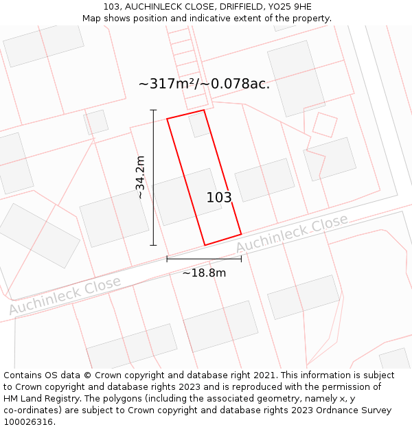 103, AUCHINLECK CLOSE, DRIFFIELD, YO25 9HE: Plot and title map