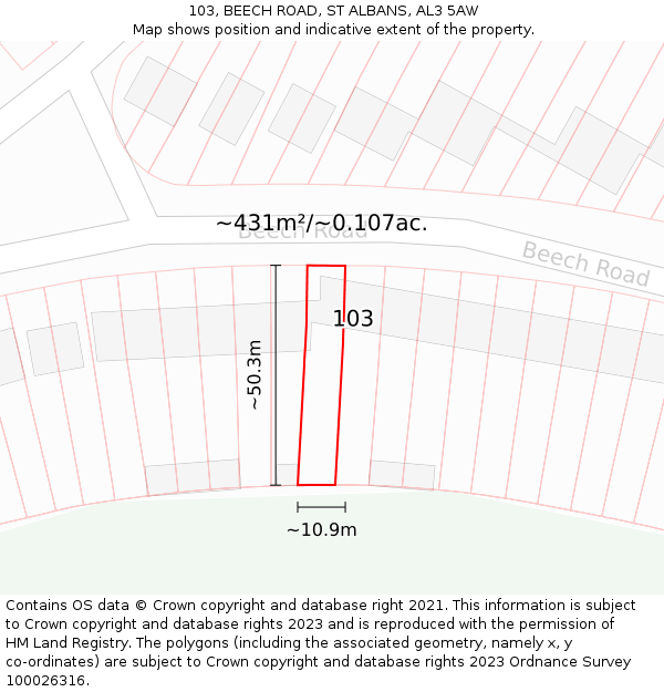 103, BEECH ROAD, ST ALBANS, AL3 5AW: Plot and title map