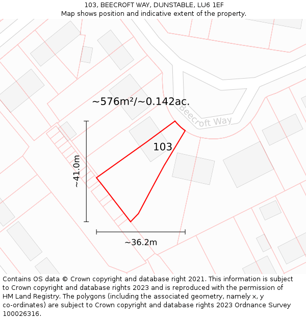 103, BEECROFT WAY, DUNSTABLE, LU6 1EF: Plot and title map