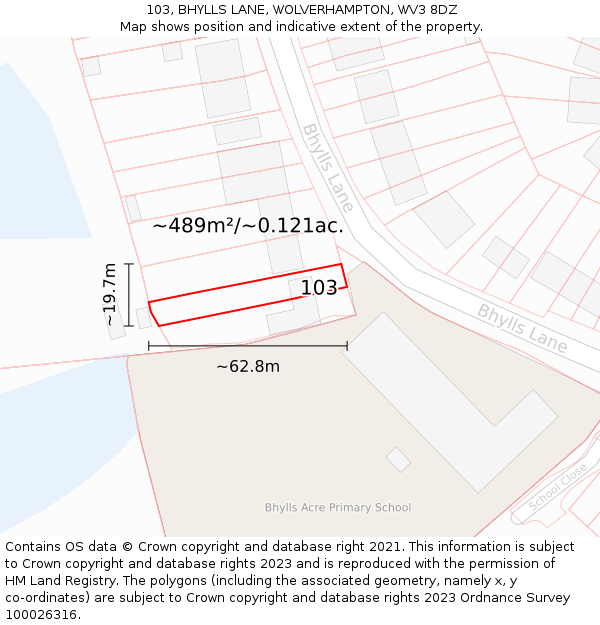 103, BHYLLS LANE, WOLVERHAMPTON, WV3 8DZ: Plot and title map