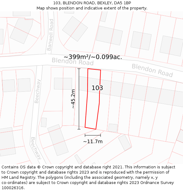103, BLENDON ROAD, BEXLEY, DA5 1BP: Plot and title map