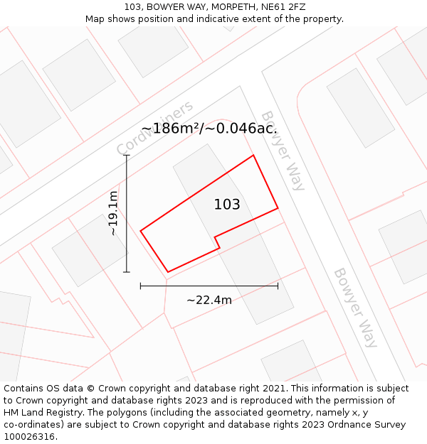 103, BOWYER WAY, MORPETH, NE61 2FZ: Plot and title map