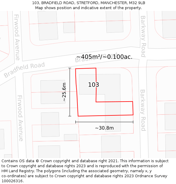 103, BRADFIELD ROAD, STRETFORD, MANCHESTER, M32 9LB: Plot and title map