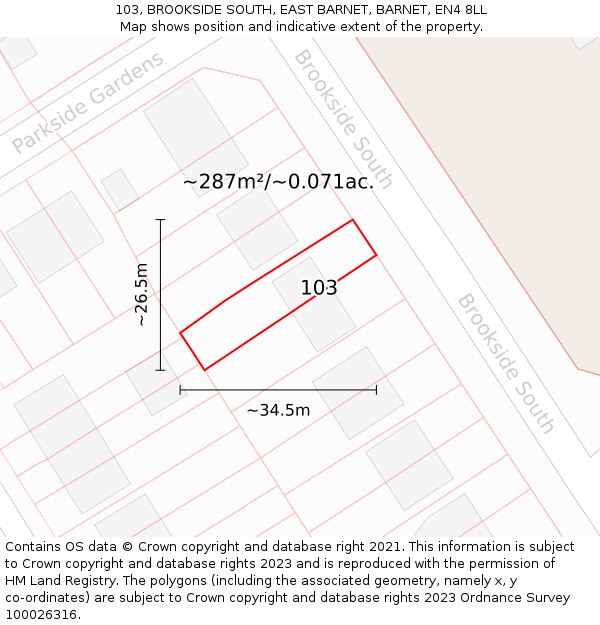 103, BROOKSIDE SOUTH, EAST BARNET, BARNET, EN4 8LL: Plot and title map