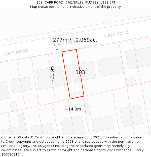 103, CARR ROAD, CALVERLEY, PUDSEY, LS28 5RT: Plot and title map