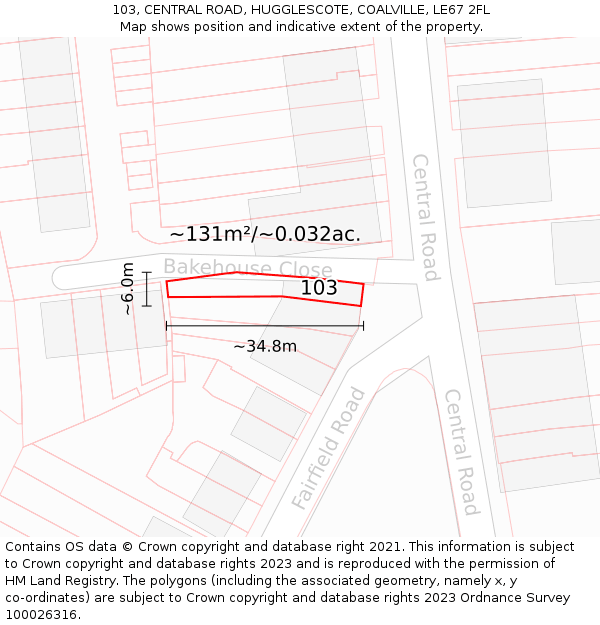 103, CENTRAL ROAD, HUGGLESCOTE, COALVILLE, LE67 2FL: Plot and title map