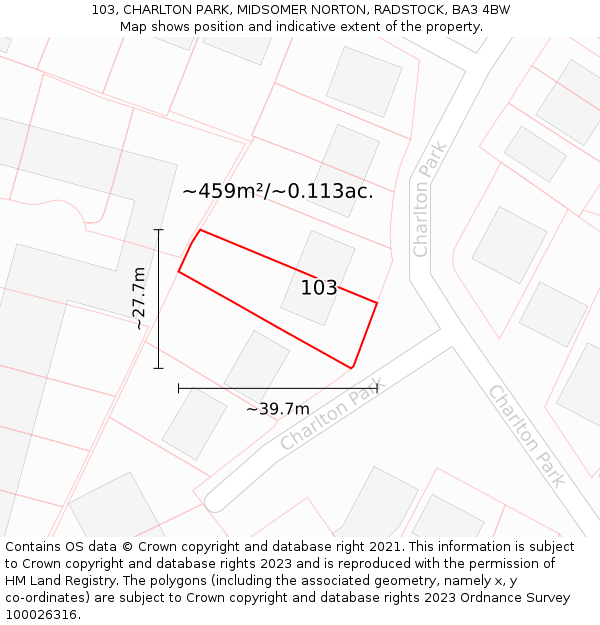 103, CHARLTON PARK, MIDSOMER NORTON, RADSTOCK, BA3 4BW: Plot and title map