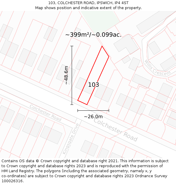 103, COLCHESTER ROAD, IPSWICH, IP4 4ST: Plot and title map