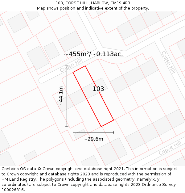 103, COPSE HILL, HARLOW, CM19 4PR: Plot and title map