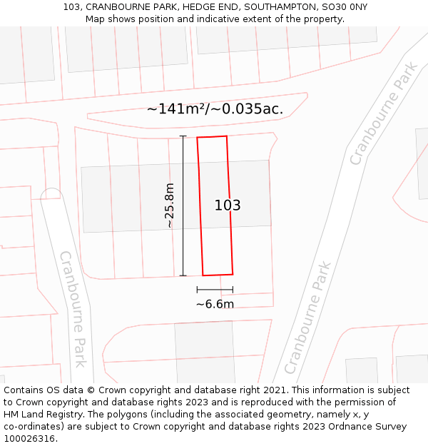 103, CRANBOURNE PARK, HEDGE END, SOUTHAMPTON, SO30 0NY: Plot and title map