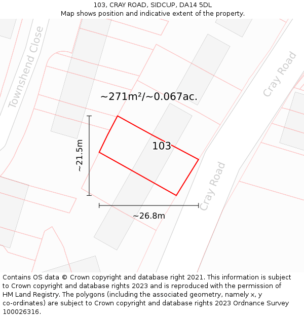 103, CRAY ROAD, SIDCUP, DA14 5DL: Plot and title map