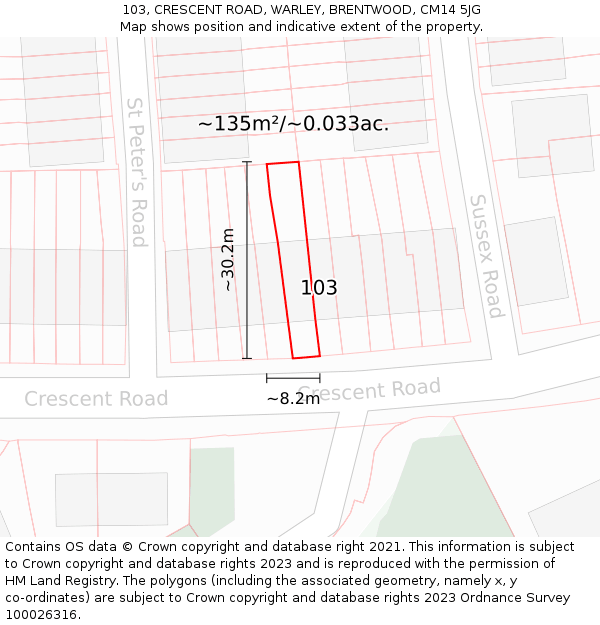103, CRESCENT ROAD, WARLEY, BRENTWOOD, CM14 5JG: Plot and title map
