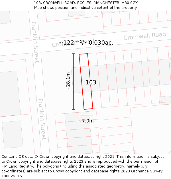 103, CROMWELL ROAD, ECCLES, MANCHESTER, M30 0GX: Plot and title map