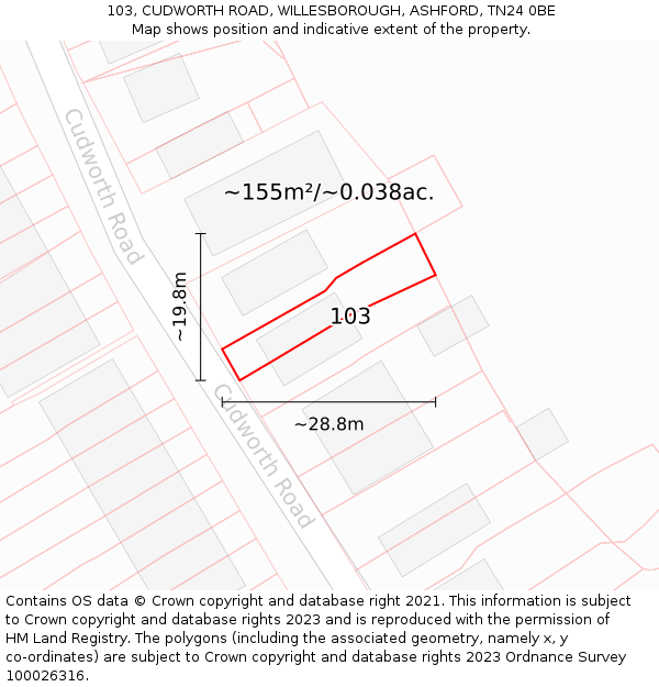 103, CUDWORTH ROAD, WILLESBOROUGH, ASHFORD, TN24 0BE: Plot and title map