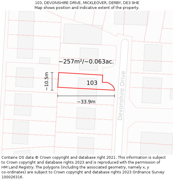103, DEVONSHIRE DRIVE, MICKLEOVER, DERBY, DE3 9HE: Plot and title map