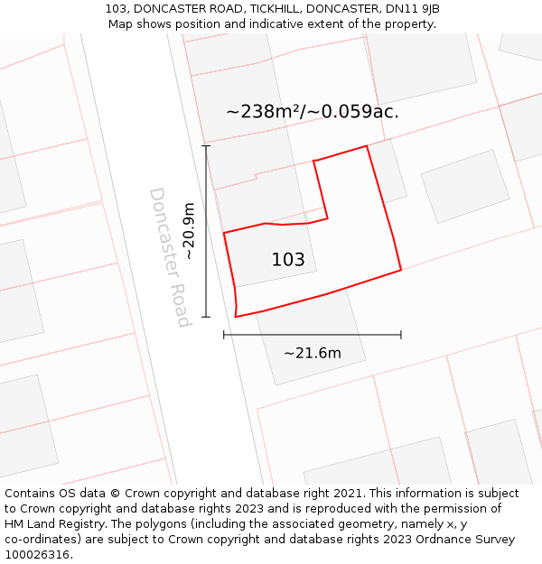 103, DONCASTER ROAD, TICKHILL, DONCASTER, DN11 9JB: Plot and title map