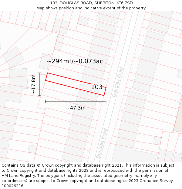 103, DOUGLAS ROAD, SURBITON, KT6 7SD: Plot and title map