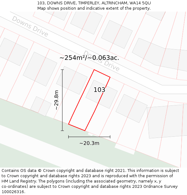 103, DOWNS DRIVE, TIMPERLEY, ALTRINCHAM, WA14 5QU: Plot and title map