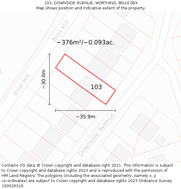 103, DOWNSIDE AVENUE, WORTHING, BN14 0EX: Plot and title map