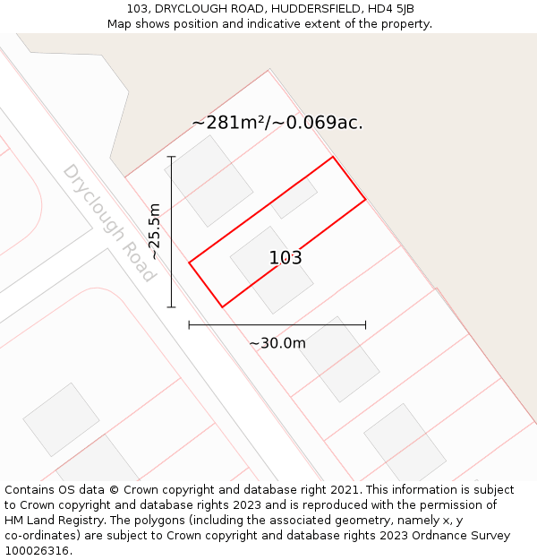 103, DRYCLOUGH ROAD, HUDDERSFIELD, HD4 5JB: Plot and title map