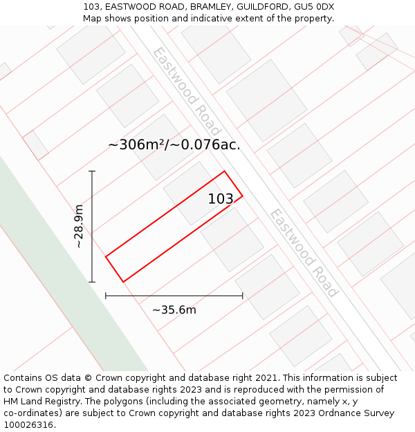 103, EASTWOOD ROAD, BRAMLEY, GUILDFORD, GU5 0DX: Plot and title map