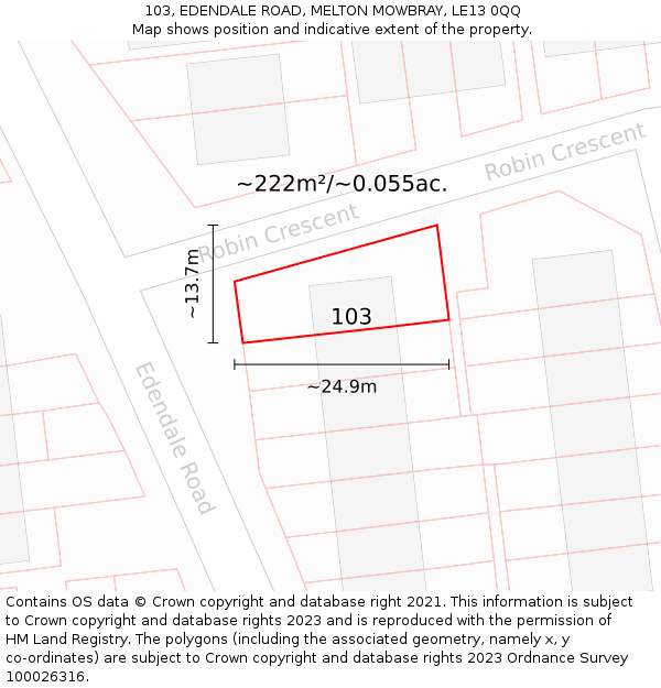 103, EDENDALE ROAD, MELTON MOWBRAY, LE13 0QQ: Plot and title map