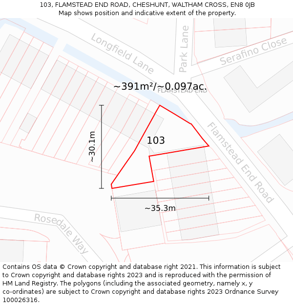 103, FLAMSTEAD END ROAD, CHESHUNT, WALTHAM CROSS, EN8 0JB: Plot and title map