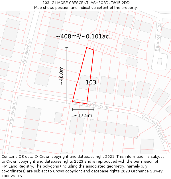 103, GILMORE CRESCENT, ASHFORD, TW15 2DD: Plot and title map