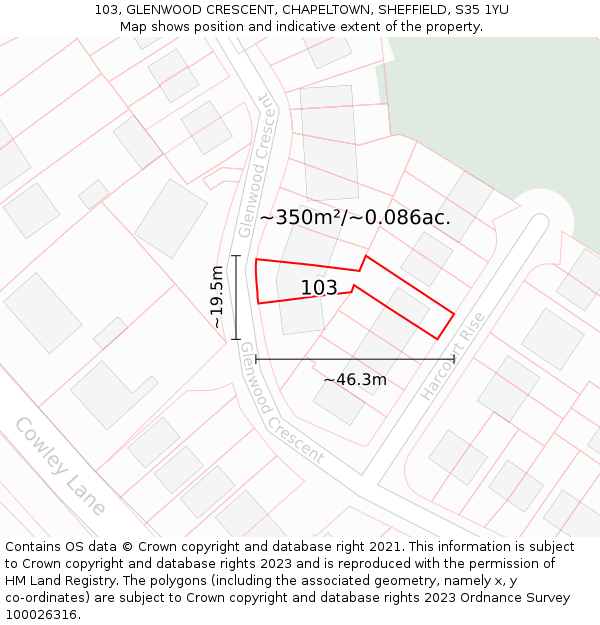 103, GLENWOOD CRESCENT, CHAPELTOWN, SHEFFIELD, S35 1YU: Plot and title map
