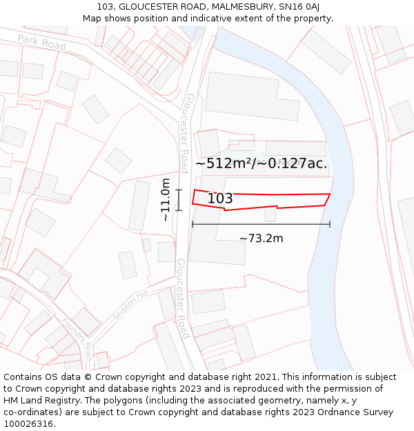 103, GLOUCESTER ROAD, MALMESBURY, SN16 0AJ: Plot and title map