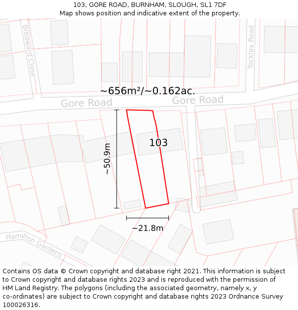 103, GORE ROAD, BURNHAM, SLOUGH, SL1 7DF: Plot and title map